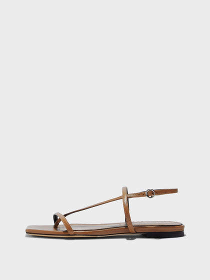 Aeyde | Ella Leather Flat Sandals for Women | Tobacco Nappa | Square Toe | Flat Heel | Side View