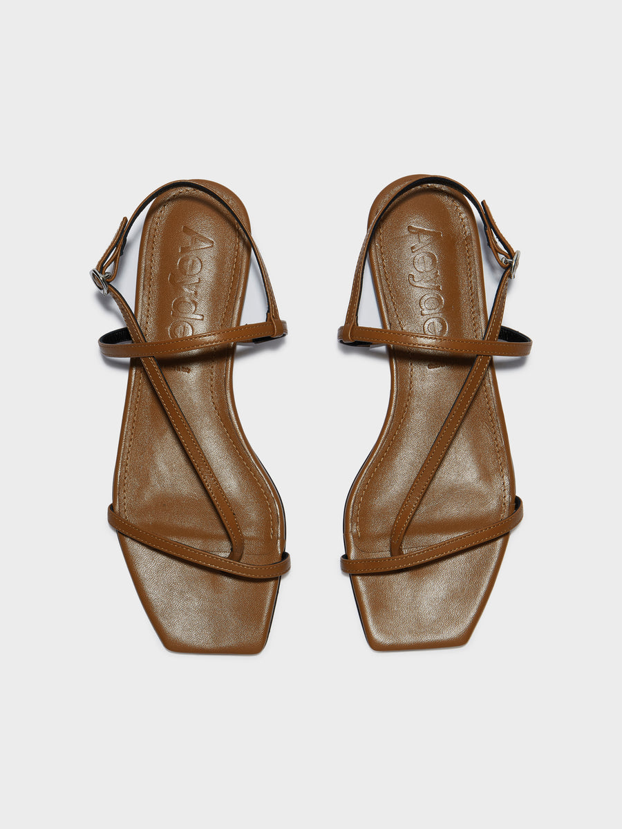Aeyde | Ella Leather Flat Sandals for Women | Tobacco Nappa | Square Toe | Flat Heel | Front View