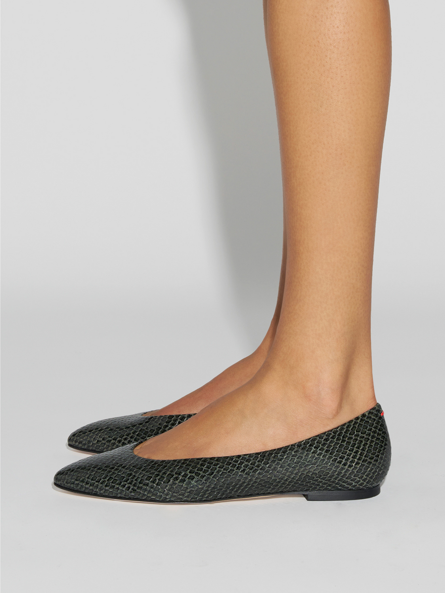 Aeyde | Ellie Almond-Toe Flats Leather Flats for Women | Moss Mini snake | Round Toe | Flat Heel | How to Style