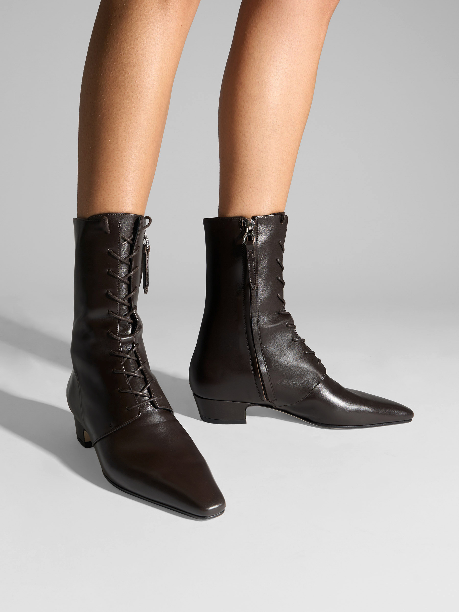 Aeyde | Elva Leather Ankle Boots Leather Ankle Boots for Women | Moka Calf | Square Toe | Low Heel | On Feet