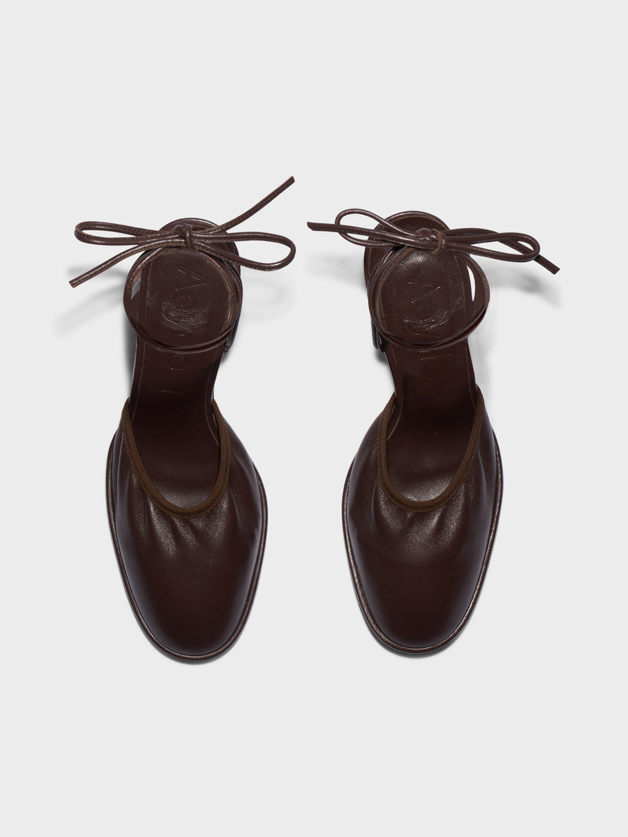 Aeyde | Farah Glove Leather Heeled Sandals for Women | Moka Nappa | Round Toe | Mid Heel | Front View