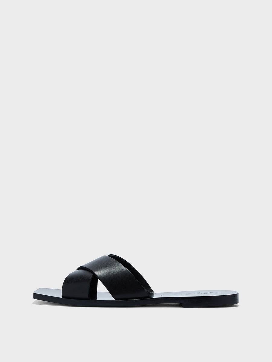 Aeyde | Faye Leather Flat Sandals for Women | Black Calf | Square Toe | Flat Heel | Side View