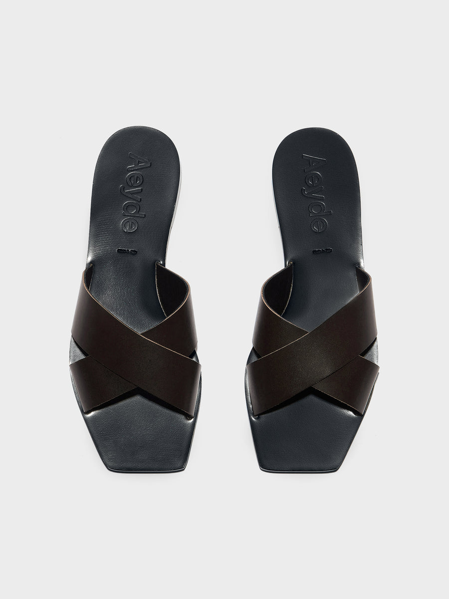 Aeyde | Faye Leather Flat Sandals for Women | Moka Calf | Square Toe | Flat Heel | Front View