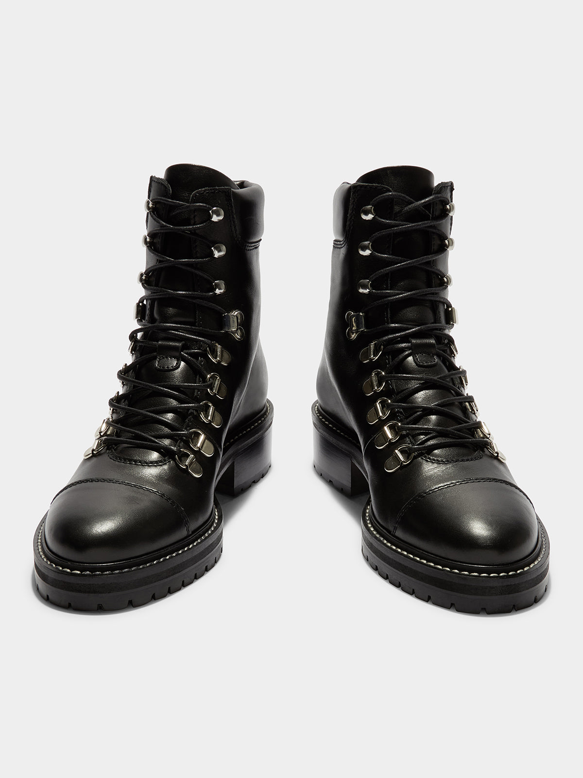 Aeyde | Fiona Leather Hiking Boots Leather Ankle Boots for Women | Black Calf | Round Toe | Mid Heel | Front View