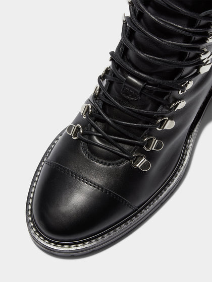 Aeyde | Fiona Leather Hiking Boots Leather Ankle Boots for Women | Black Calf | Round Toe | Mid Heel | Luxury Materials | Handmade in Italy