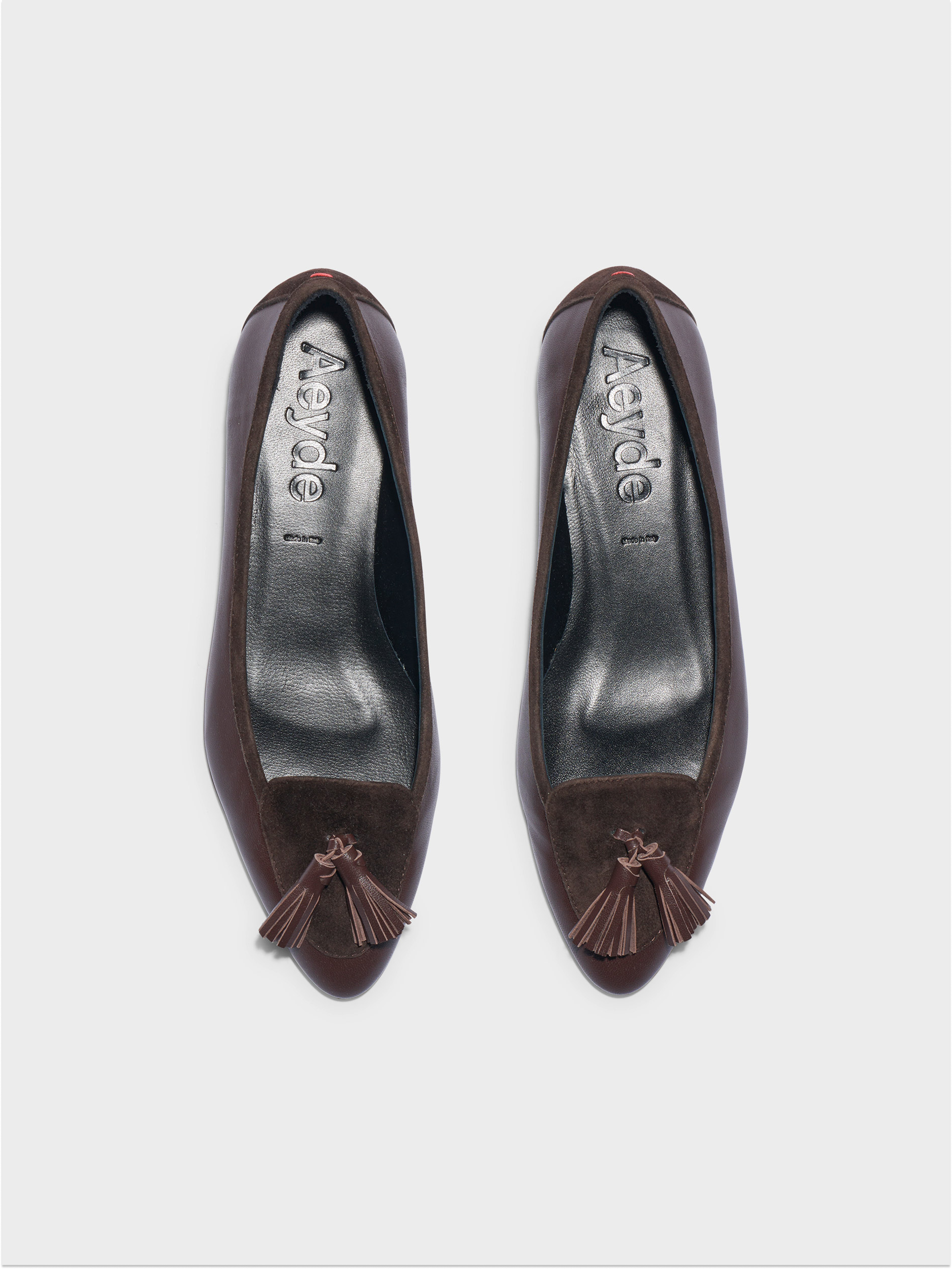 Aeyde | Floris Tassel Flats Leather Flats for Women | Moka Nappa/Suede | Round Toe | Flat Heel | Front View