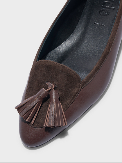 Aeyde | Floris Tassel Flats Leather Flats for Women | Moka Nappa/Suede | Round Toe | Flat Heel | Heel Details
