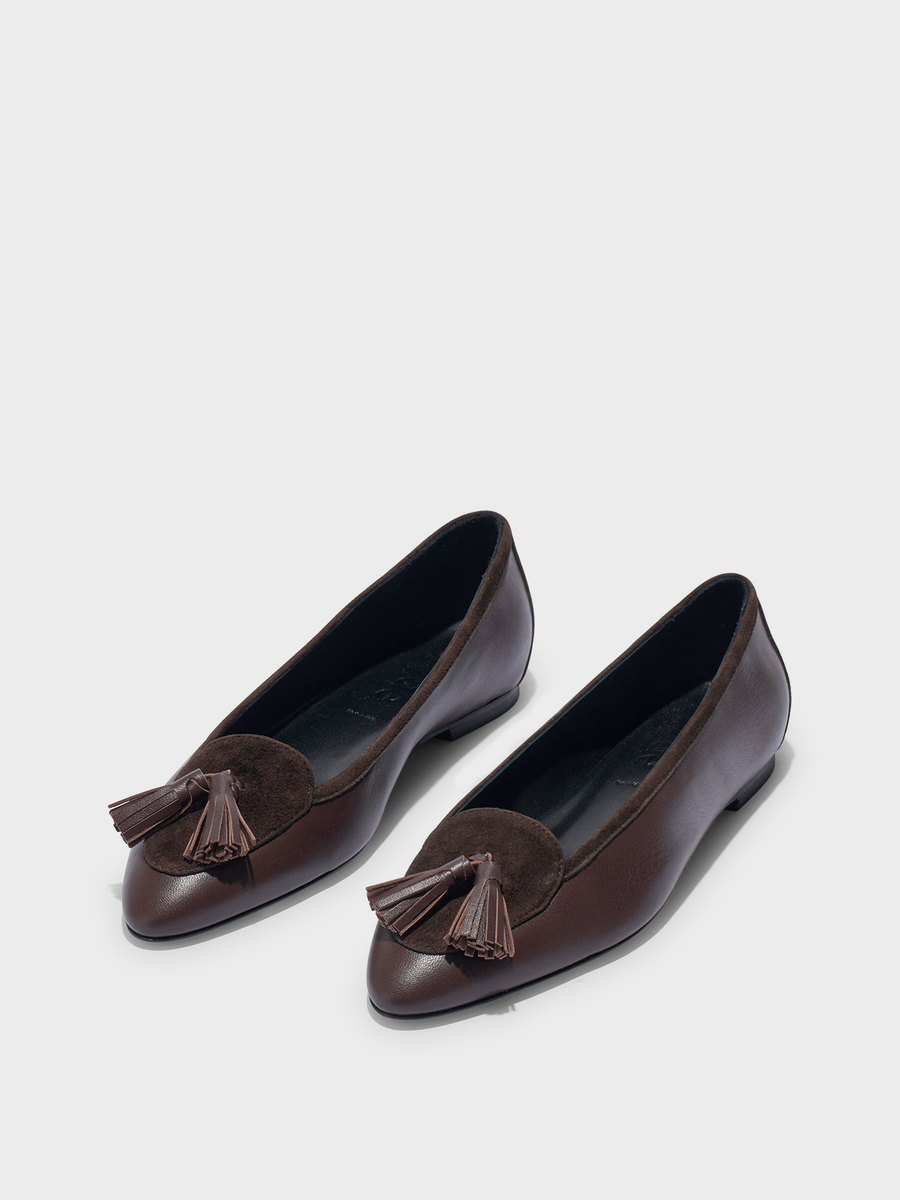 Aeyde | Floris Tassel Flats Leather Flats for Women | Moka Nappa/Suede | Round Toe | Flat Heel | Luxury Materials | Handmade in Italy
