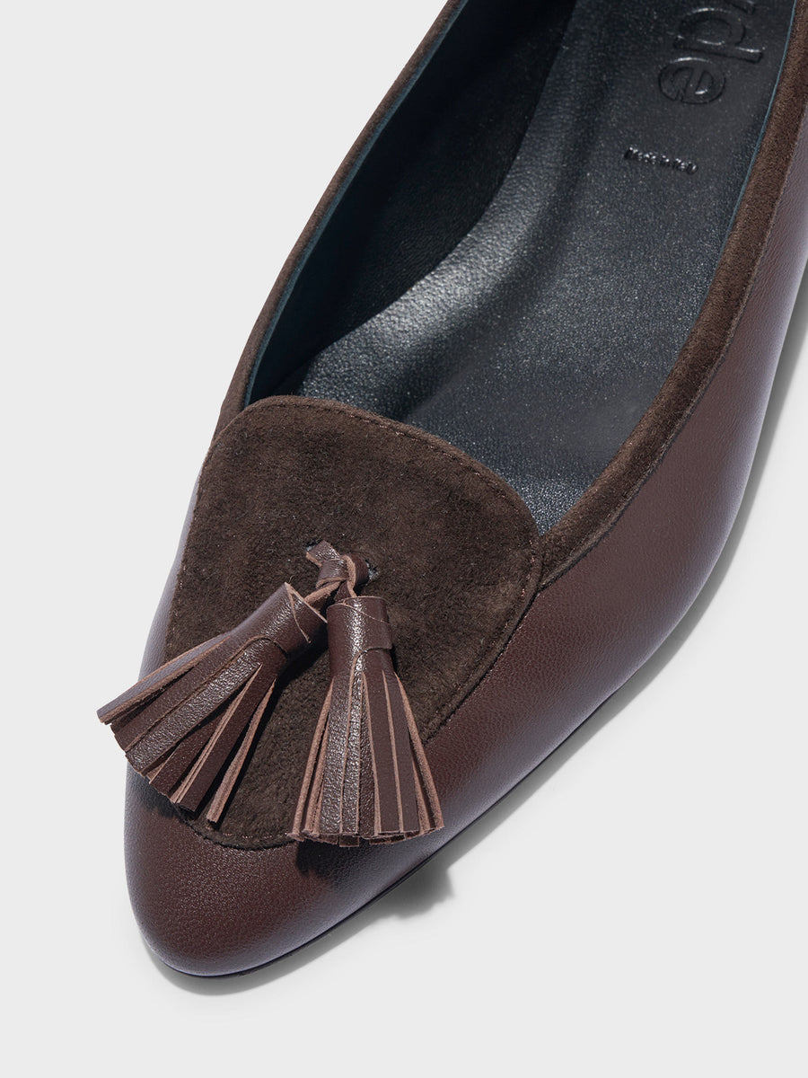 Aeyde | Floris Tassel Flats Leather Flats for Women | Moka Nappa/Suede | Round Toe | Flat Heel | Heel Details