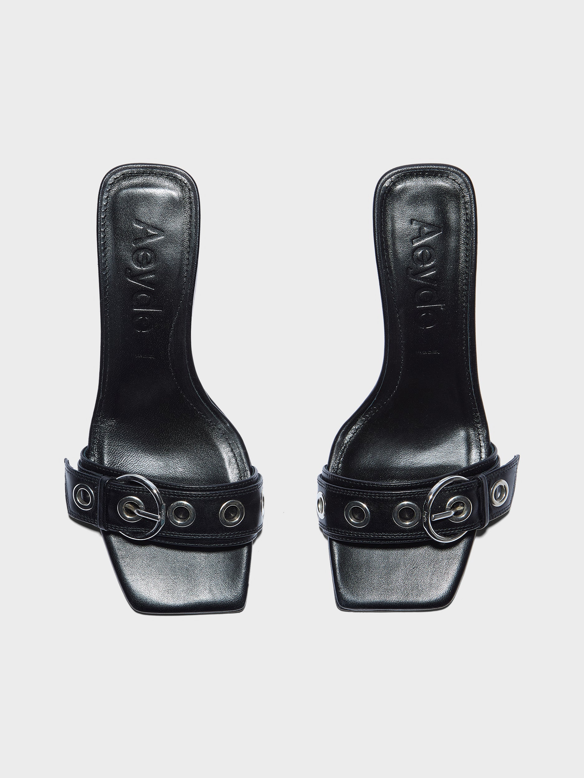 Aeyde | Gilly Leather Heeled Sandals for Women | Black Nappa | Square Toe | Mid Heel | Front View