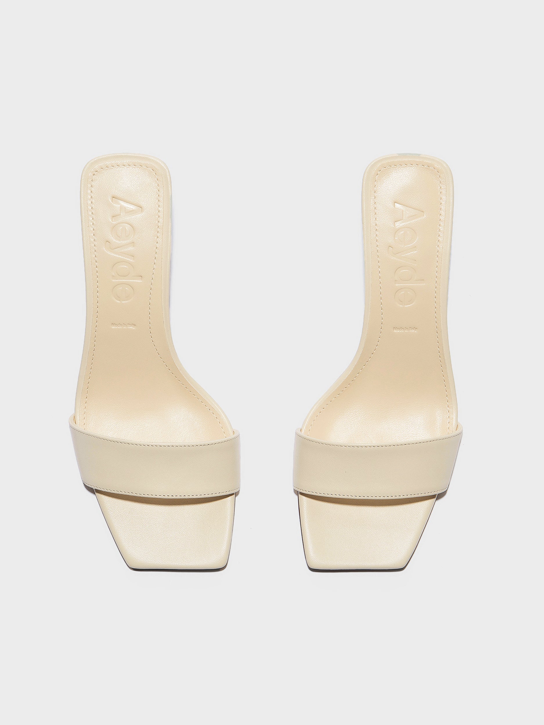 Aeyde | Gilly Leather Heeled Sandals for Women | Creamy Nappa | Square Toe | Mid Heel | Front View