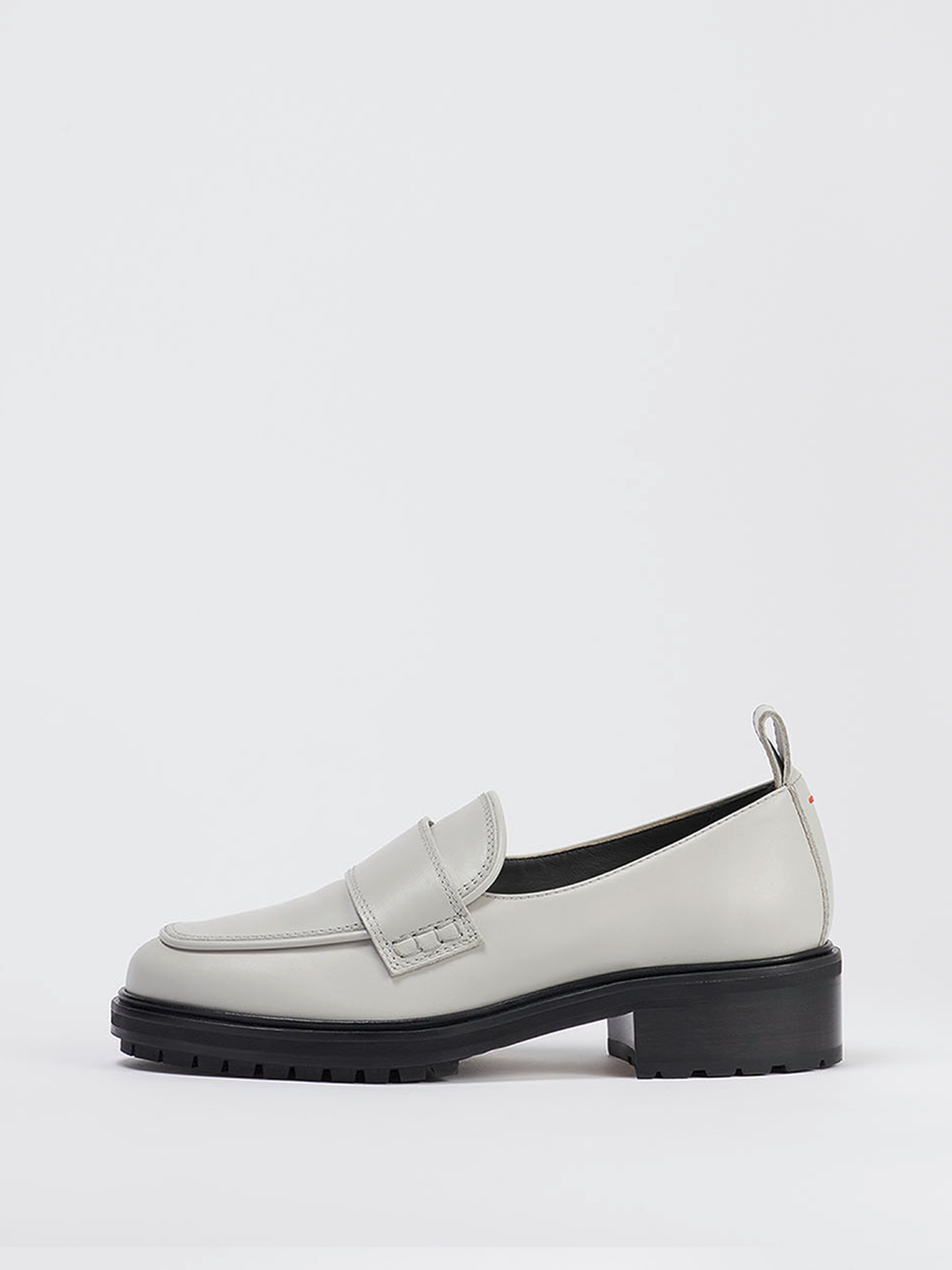 Aeyde | Ruth Chalk Calf Leather Loafers, Flats for Women |  | Round Toe | Mid Heel | Side View