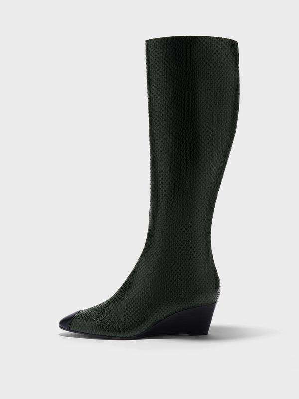 Aeyde | Hana Cap Leather Knee High Boots for Women | Moss/Black Mini Snake/Nappa | Round Toe | Mid Heel | Side View