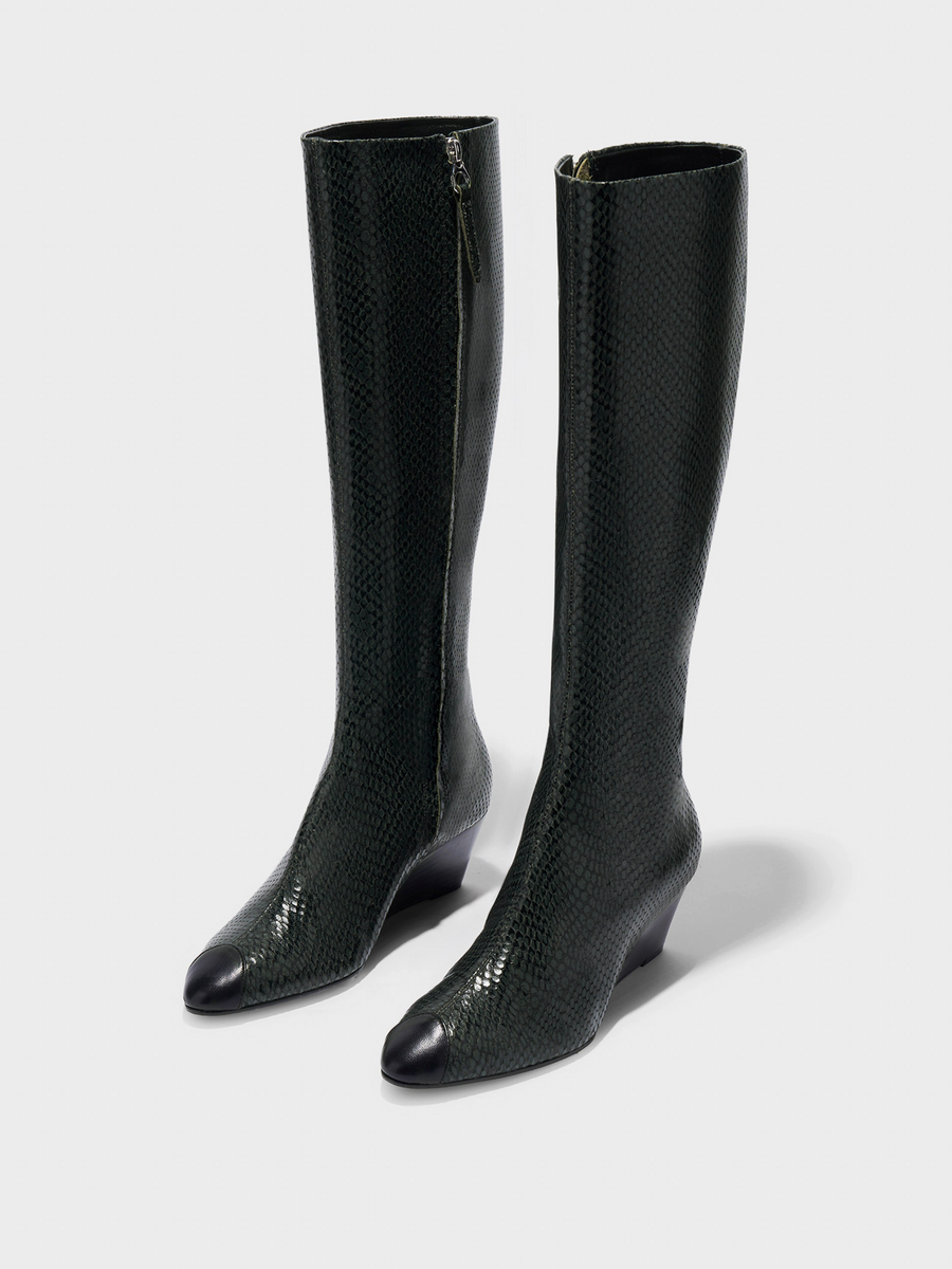 Aeyde | Hana Cap Leather Knee High Boots for Women | Moss/Black Mini Snake/Nappa | Round Toe | Mid Heel | Luxury Materials | Handmade in Italy