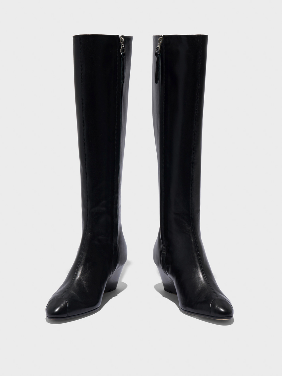 Aeyde | Hana Cap Leather Knee High Boots for Women | Black Nappa | Round Toe | Mid Heel | Heel Details