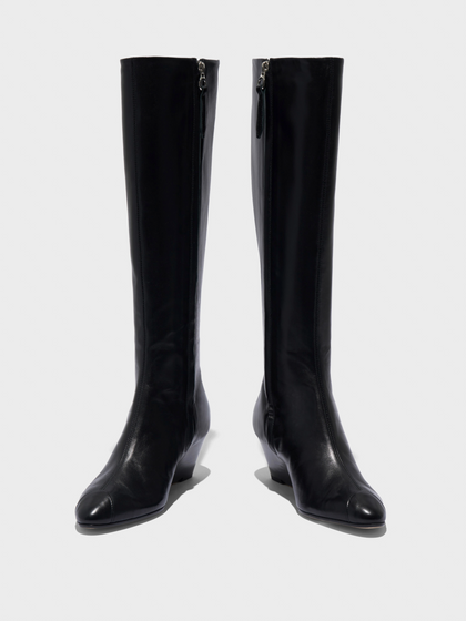 Aeyde | Hana Cap Leather Knee High Boots for Women | Black Nappa | Round Toe | Mid Heel | Heel Details