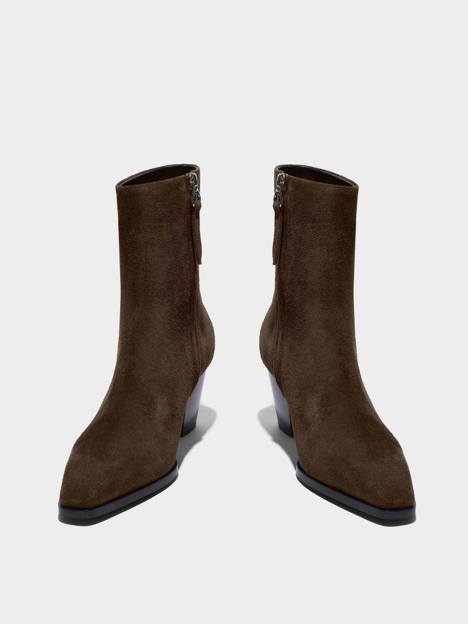 Aeyde | Hedvig Cowboy Ankle Boots Leather Ankle Boots for Women | Moka Suede | Square Toe | High Heel | Heel Details