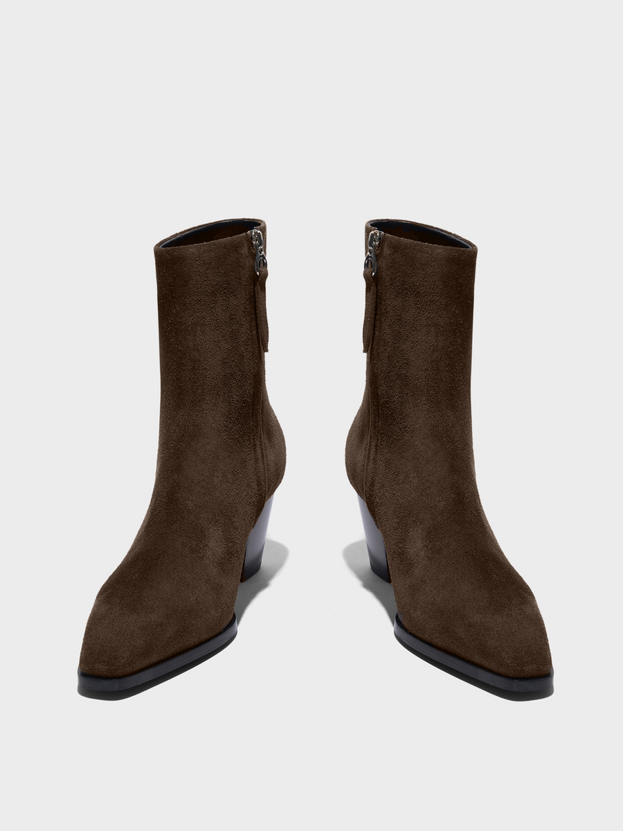 Aeyde | Hedvig Cowboy Ankle Boots Leather Ankle Boots for Women | Moka Suede | Square Toe | High Heel | Heel Details