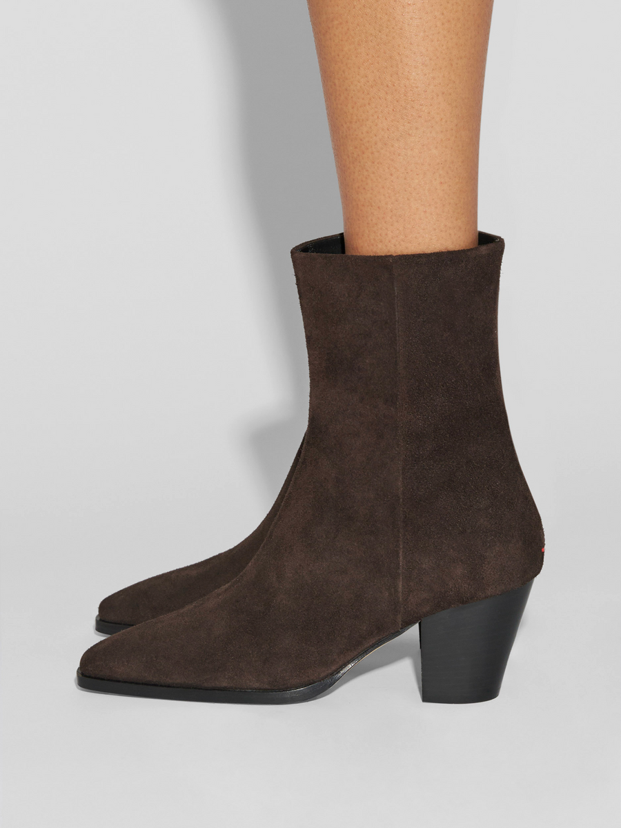 Aeyde | Hedvig Cowboy Ankle Boots Leather Ankle Boots for Women | Moka Suede | Square Toe | High Heel | How to Style