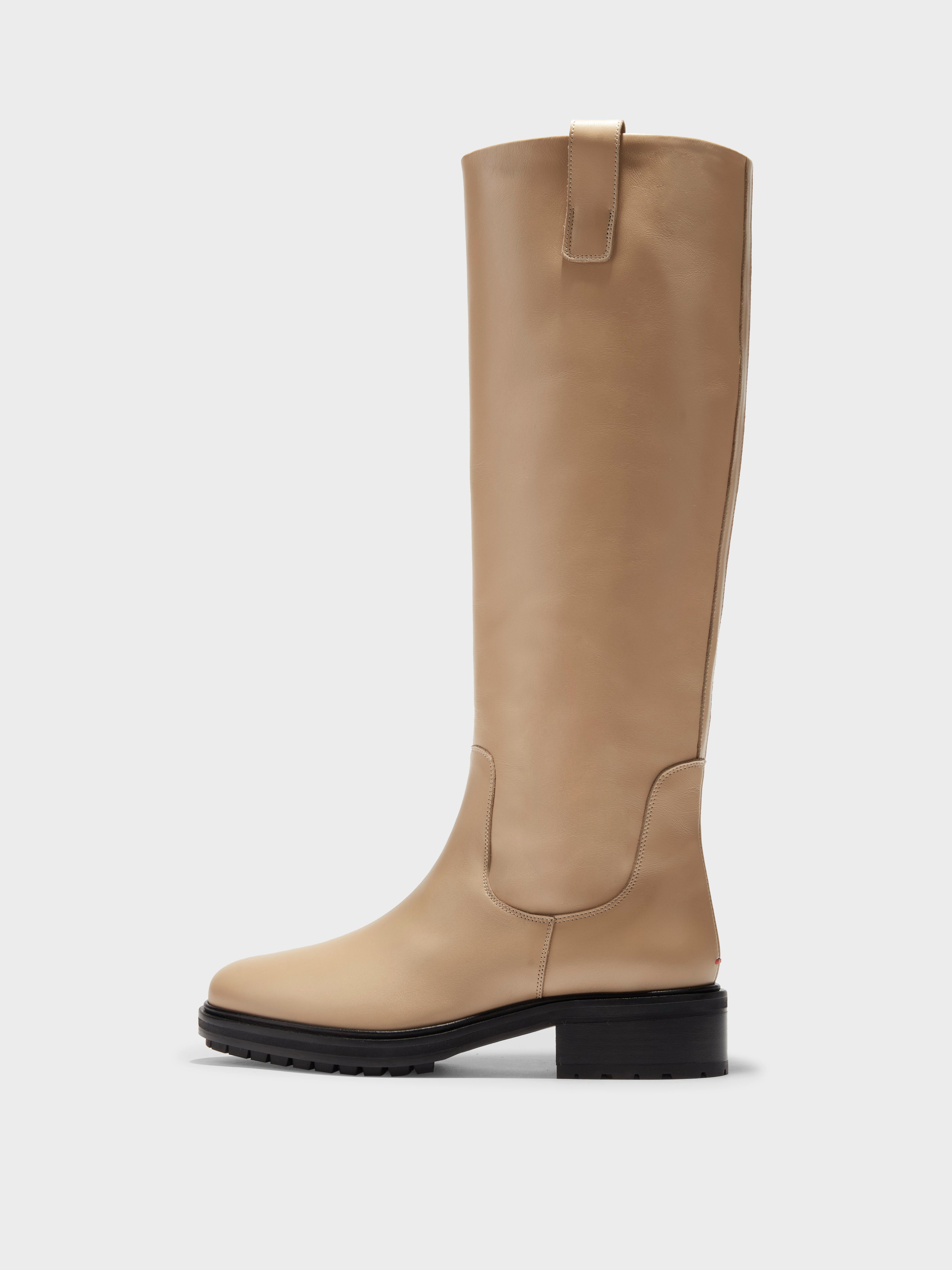 Aeyde | Henry Leather Knee-High Boots Leather Knee High Boots for Women | Latte Calf | Round Toe | Low Heel | Side View