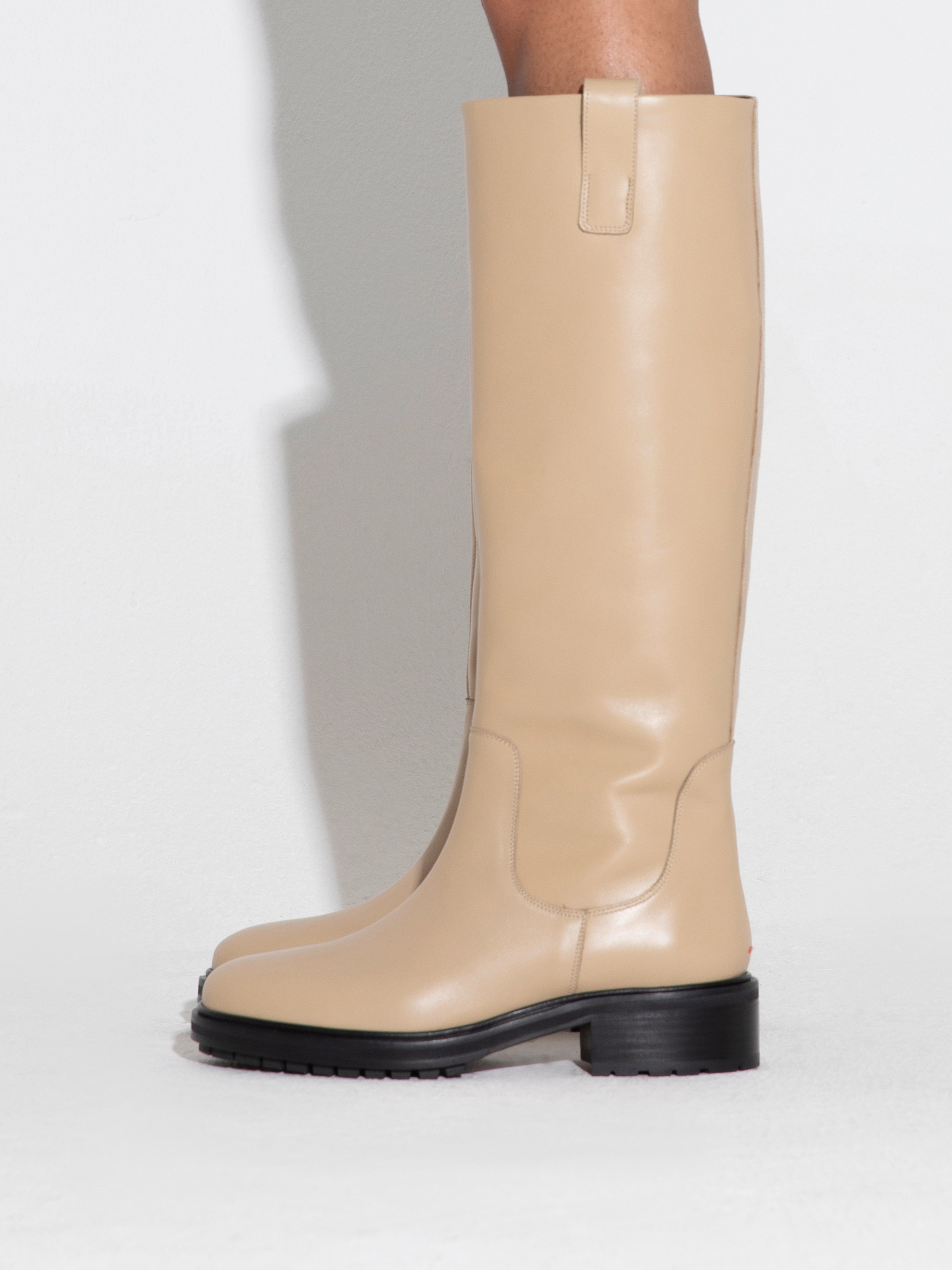 Aeyde | Henry Leather Knee-High Boots Leather Knee High Boots for Women | Latte Calf | Round Toe | Low Heel | How to Style