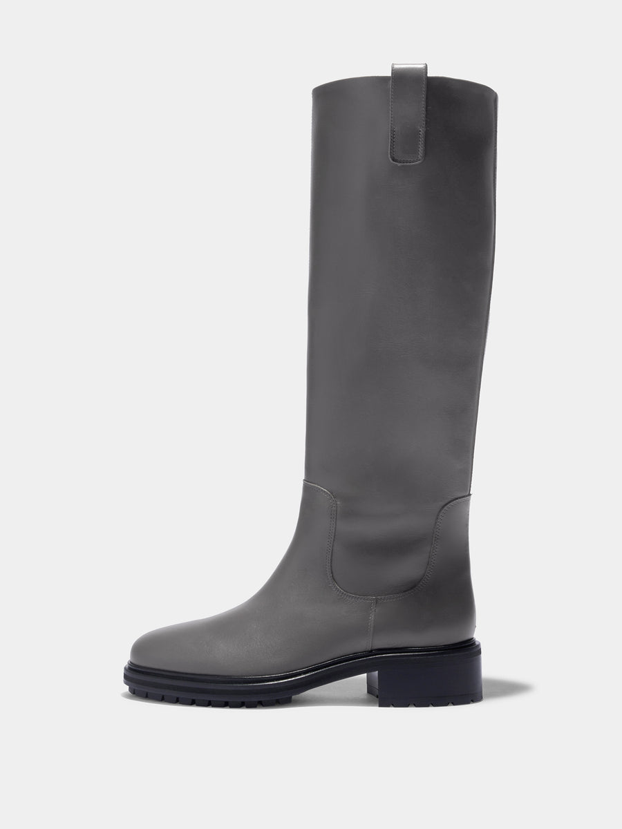 Aeyde | Henry Knee-High Boots Leather Knee High Boots for Women | Taupe Calf | Round Toe | Low Heel | Side View