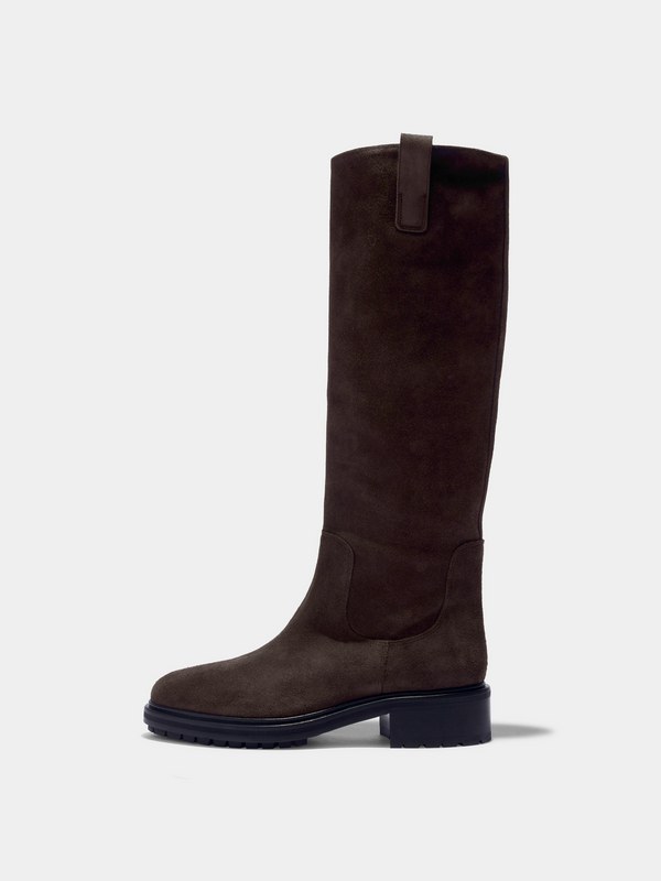Aeyde | Henry Knee-High Boots Leather Knee High Boots for Women | Moka Suede | Round Toe | Low Heel | Side View