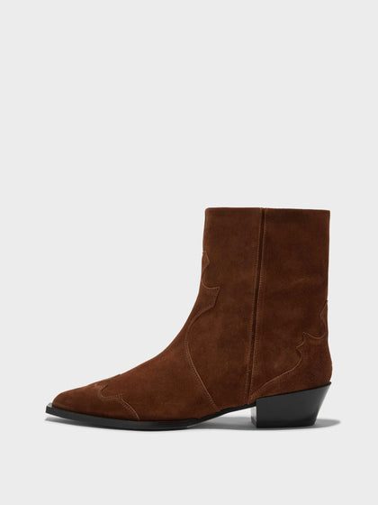 Aeyde | Hester Suede Cowboy Boots Leather Ankle Boots for Women | Brown Suede | Pointed Toe | Low Heel | Side View