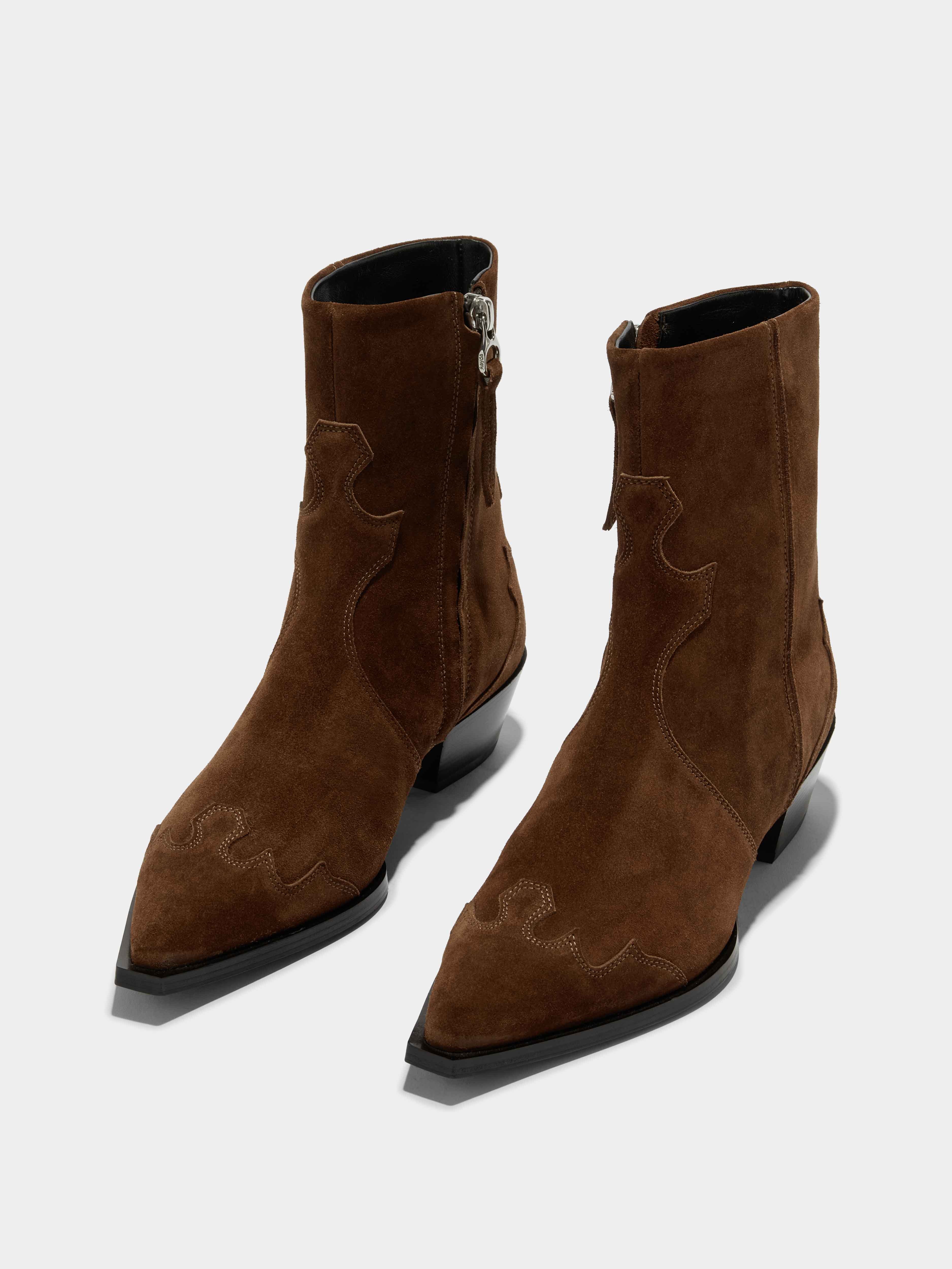 Aeyde | Hester Suede Cowboy Boots Leather Ankle Boots for Women | Brown Suede | Pointed Toe | Low Heel | On Feet
