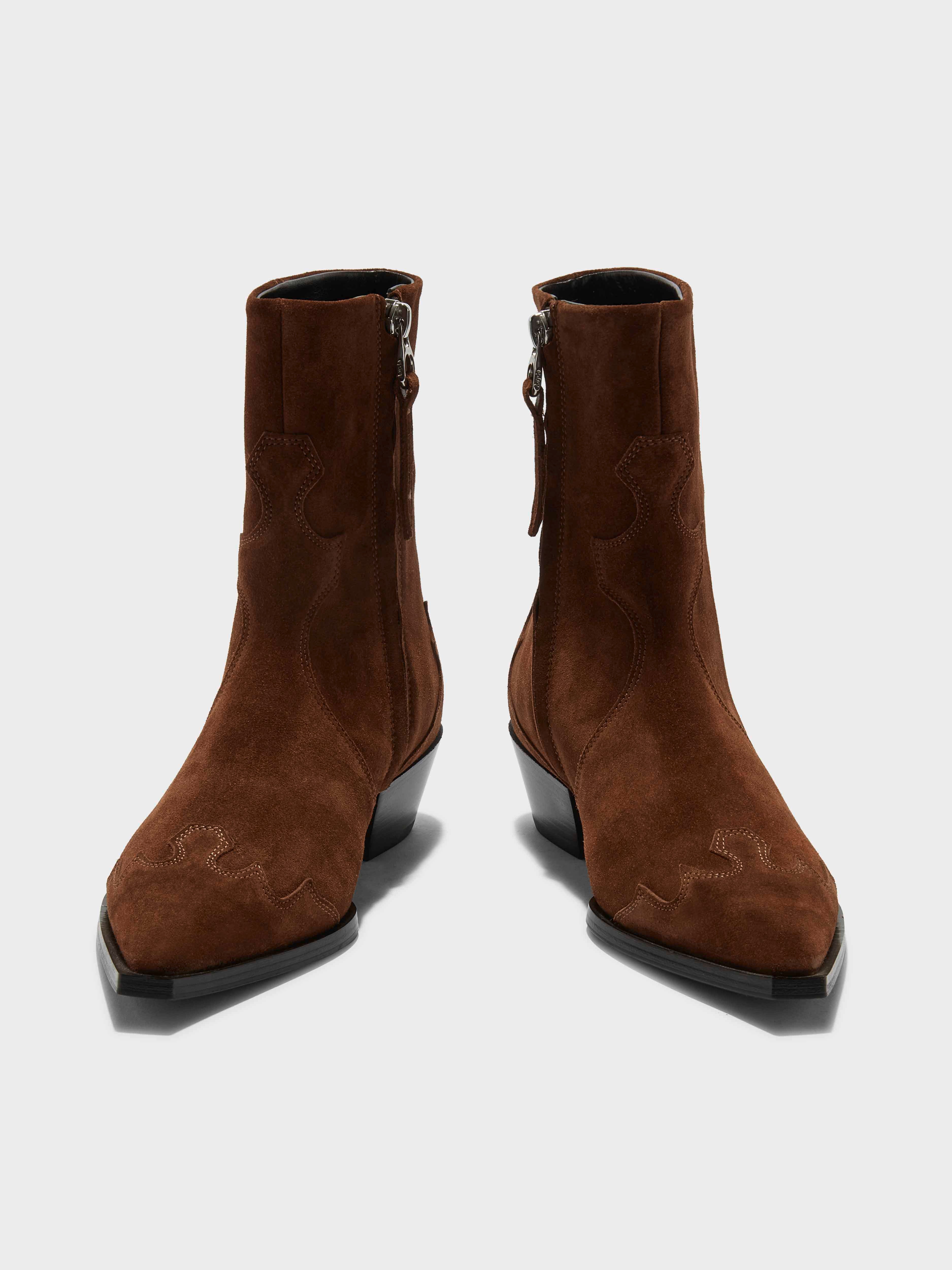 Aeyde | Hester Suede Cowboy Boots Leather Ankle Boots for Women | Brown Suede | Pointed Toe | Low Heel | Front View