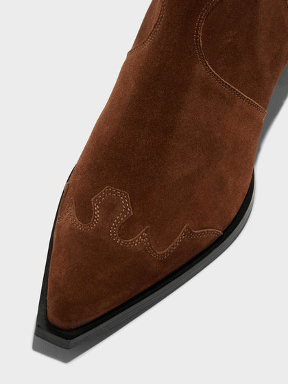 Aeyde | Hester Suede Cowboy Boots Leather Ankle Boots for Women | Brown Suede | Pointed Toe | Low Heel | Luxury Materials | Handmade in Italy