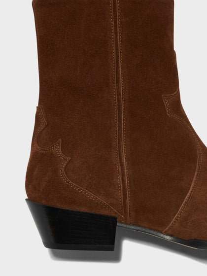 Aeyde | Hester Suede Cowboy Boots Leather Ankle Boots for Women | Brown Suede | Pointed Toe | Low Heel | Heel Details