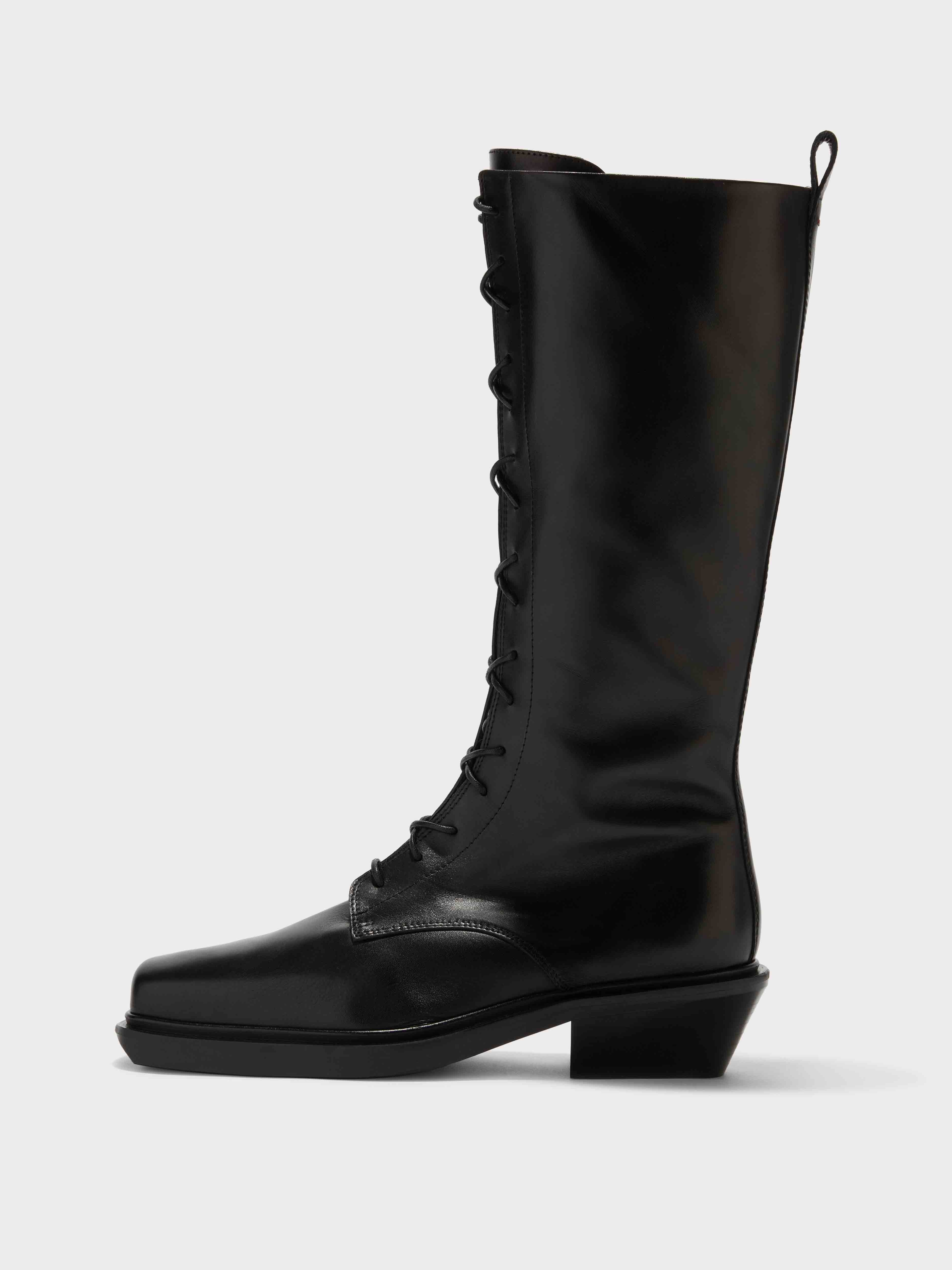 Aeyde | Hetta Leather Biker Boots Leather Ankle Boots for Women | Black Calf | Square Toe | Low Heel | Side View
