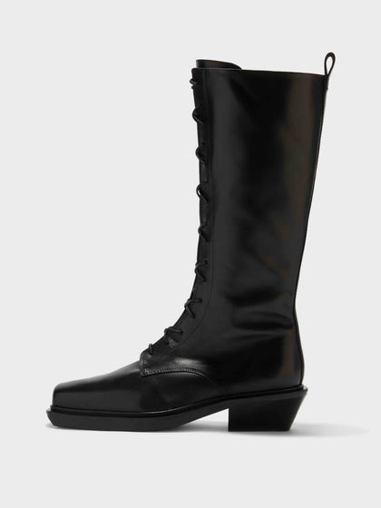 Aeyde | Hetta Leather Biker Boots Leather Ankle Boots for Women | Black Calf | Square Toe | Low Heel | Side View