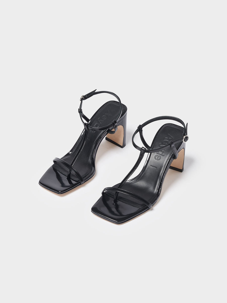 Aeyde | Hilma Leather T-Bar Sandals Leather Heeled Sandals for Women | Black Polido | Square Toe | Mid Heel | On Feet