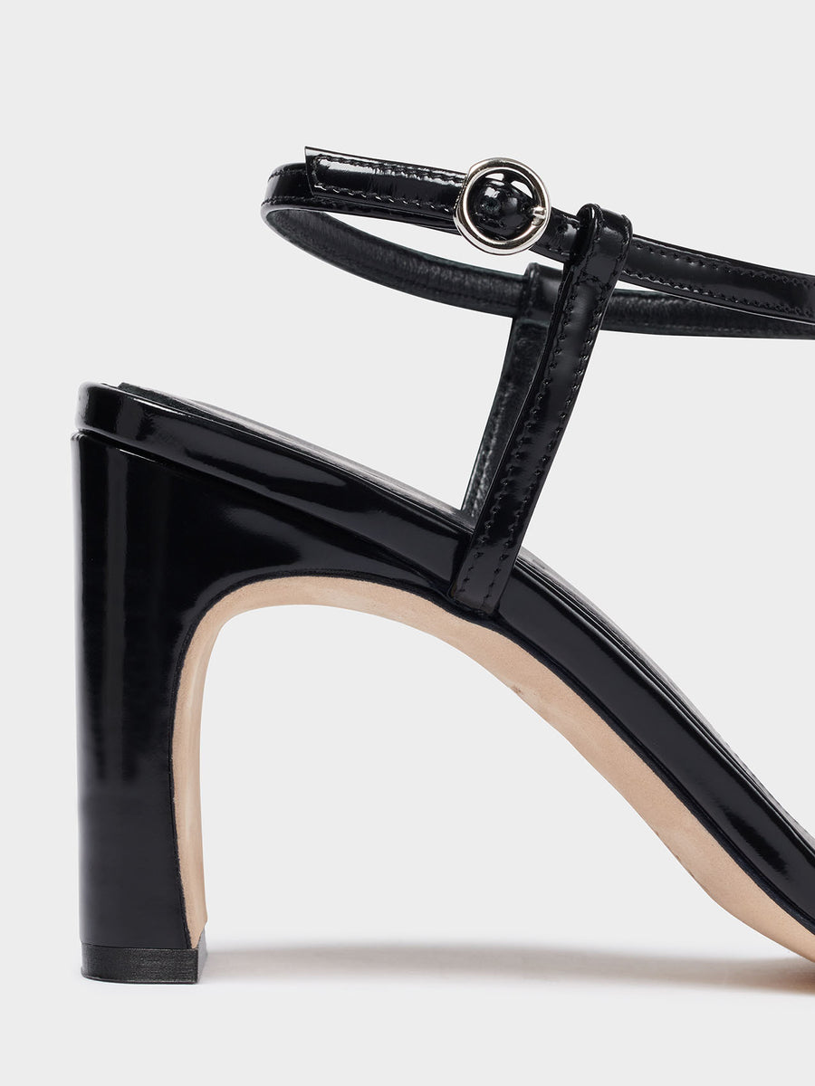 Aeyde | Hilma Leather T-Bar Sandals Leather Heeled Sandals for Women | Black Polido | Square Toe | Mid Heel | Luxury Materials | Handmade in Italy