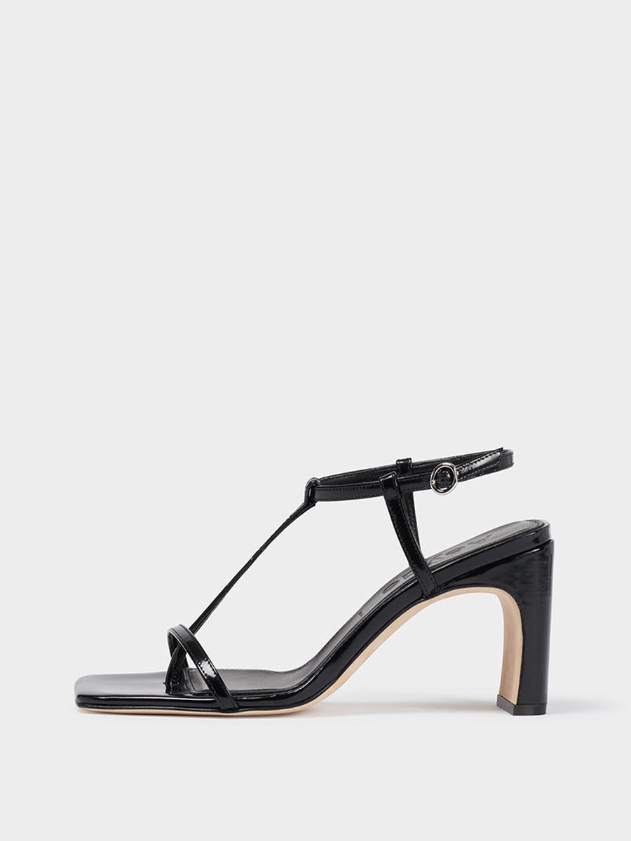 Aeyde | Hilma Leather T-Bar Sandals Leather Heeled Sandals for Women | Black Polido | Square Toe | Mid Heel | Side View