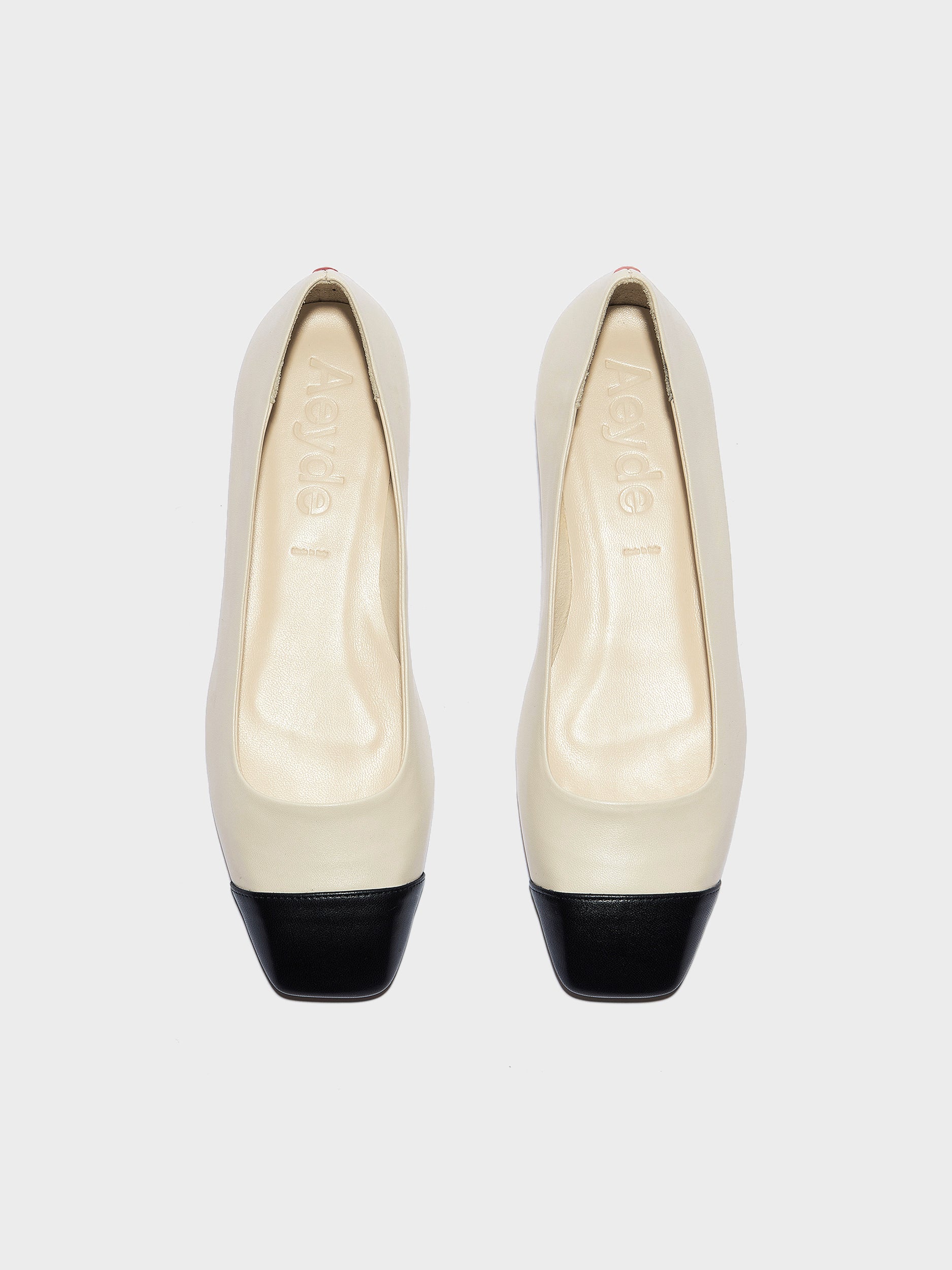 Aeyde | Ida Leather Flats for Women | Creamy/Black Nappa | Square Toe | Flat Heel | Front View