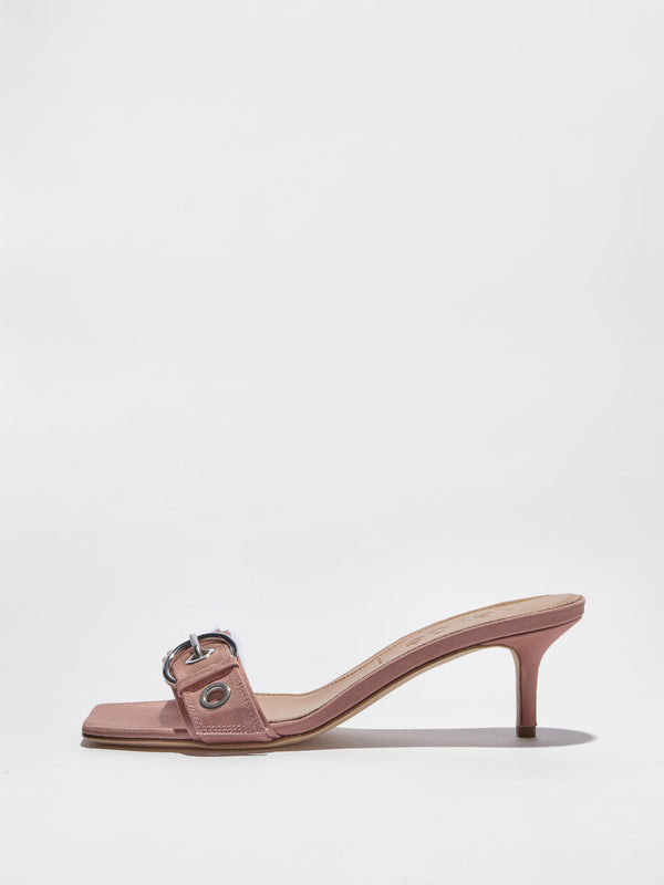 Aeyde | Ilvy Leather Heeled Sandals for Women | Grosgrain Coral | Square Toe | Mid Heel | Side View [x=50,y=85]