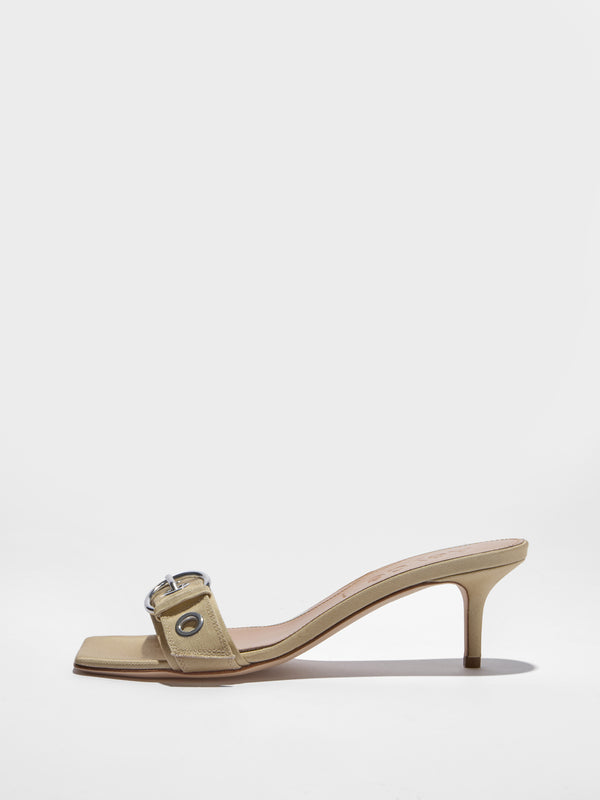 Aeyde | Ilvy Leather Heeled Sandals for Women | Grosgrain Latte | Square Toe | Mid Heel | Side View [x=50,y=85]