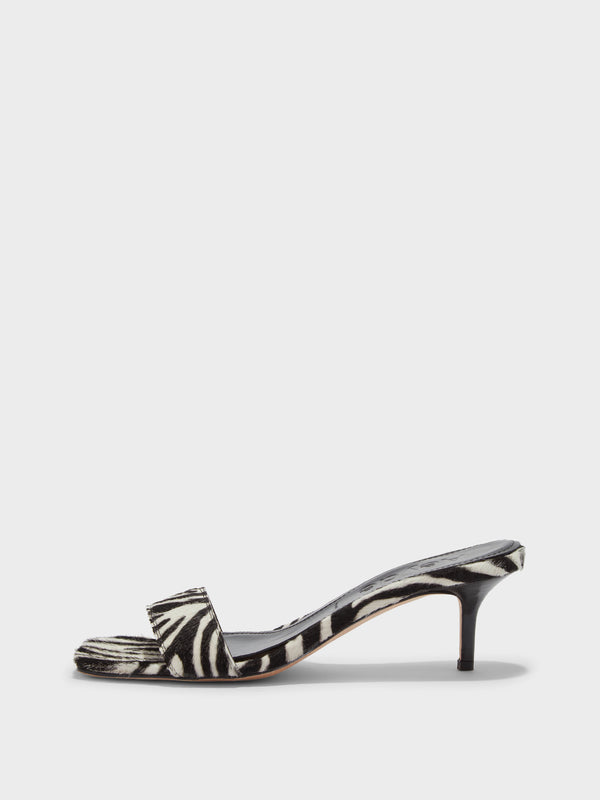 Aeyde | Ilvy Leather Heeled Sandals for Women | Creamy Ponyhair | Square Toe | Mid Heel | Side View [x=50,y=85]