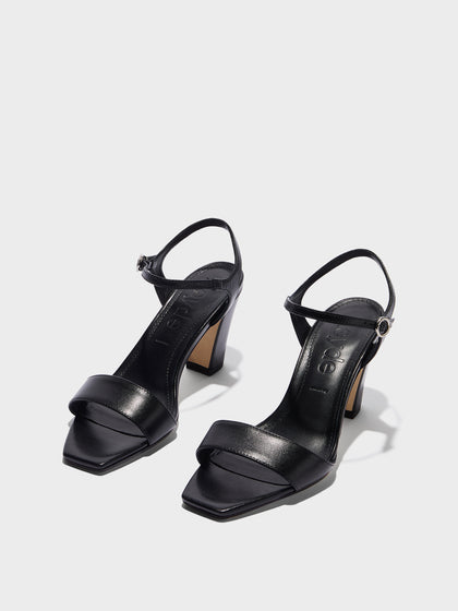 Aeyde | Imogen Leather Heeled Sandals for Women | Black Nappa | Square Toe | High Heel | Luxury Materials | Handmade in Italy