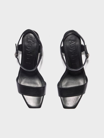 Aeyde | Imogen Leather Heeled Sandals for Women | Black Nappa | Square Toe | High Heel | Front View