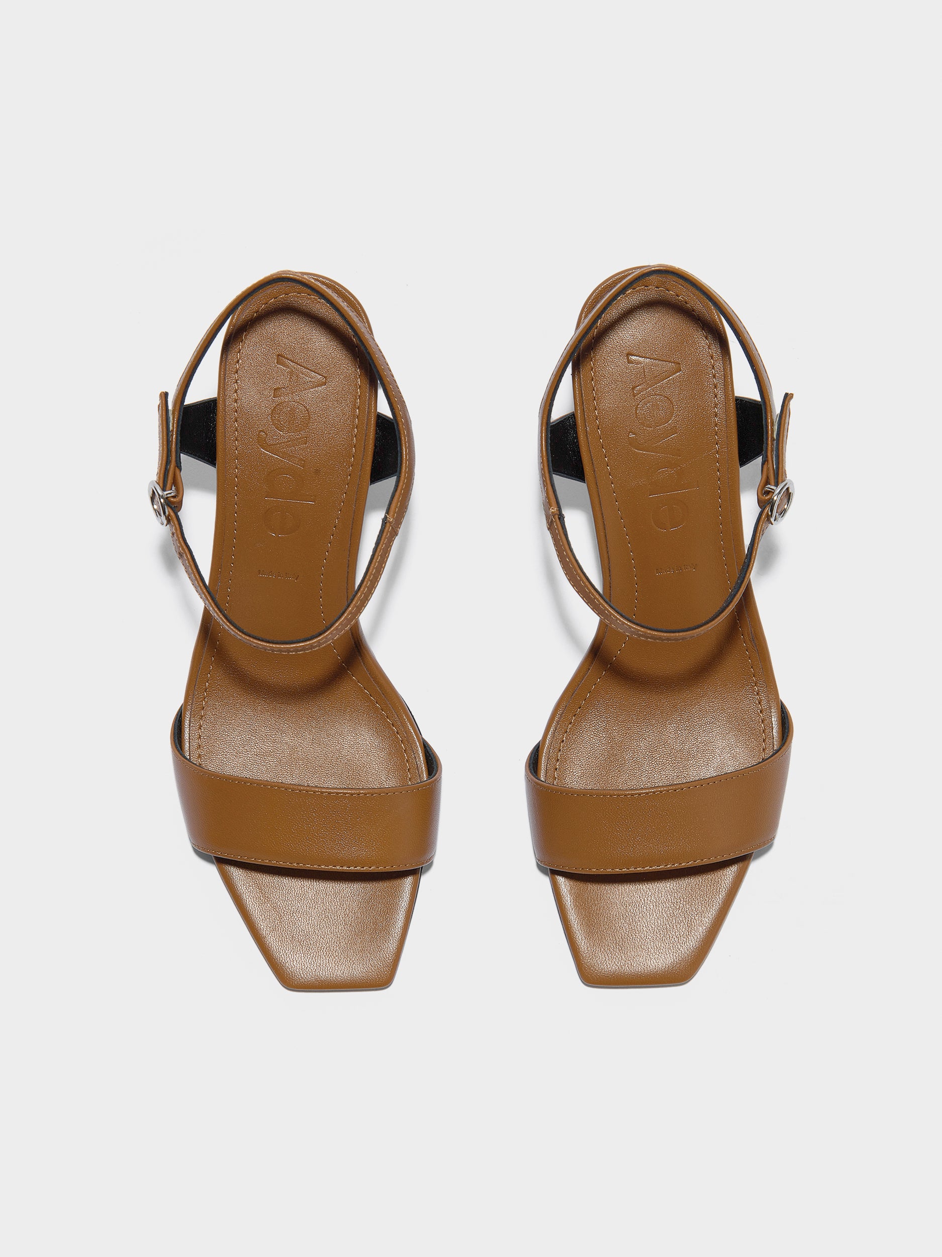 Aeyde | Imogen Leather Heeled Sandals for Women | Tobacco Nappa | Square Toe | High Heel | Front View
