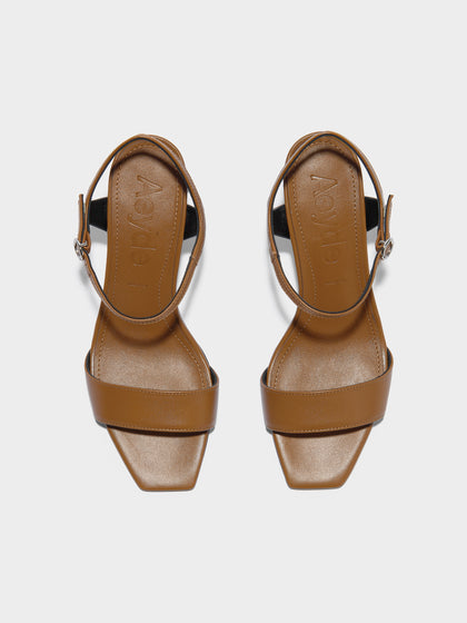 Aeyde | Imogen Leather Heeled Sandals for Women | Tobacco Nappa | Square Toe | High Heel | Front View