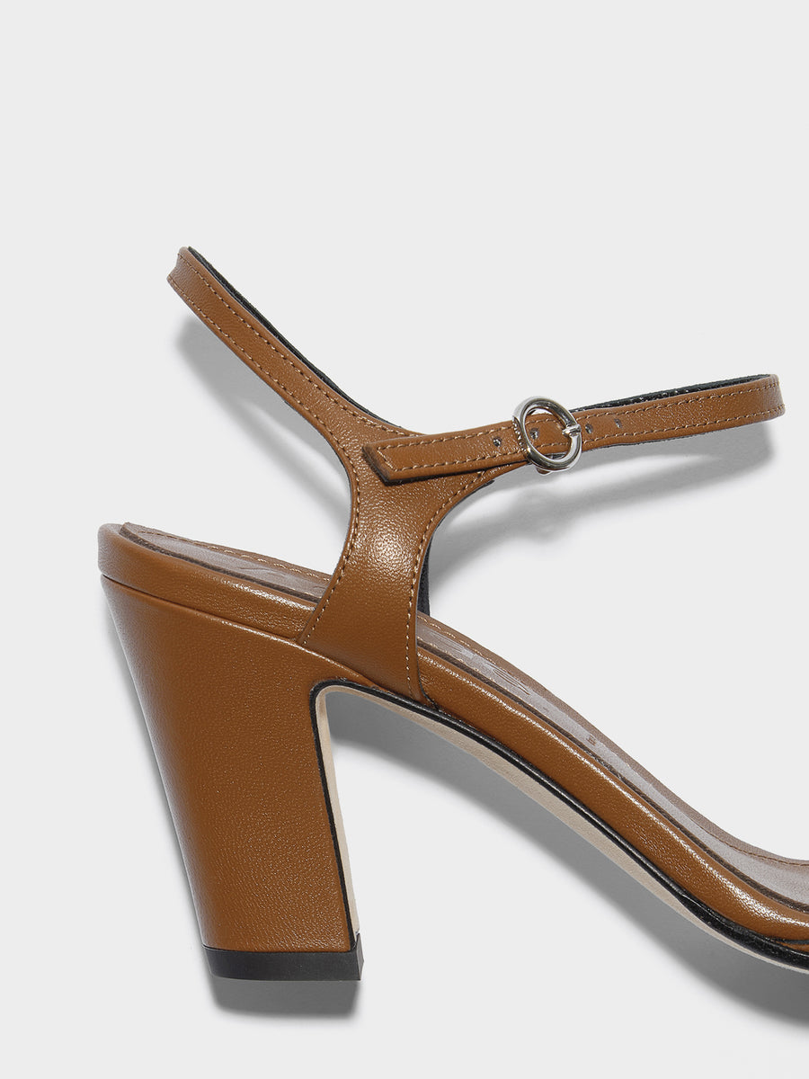 Aeyde | Imogen Leather Heeled Sandals for Women | Tobacco Nappa | Square Toe | High Heel | Heel Details