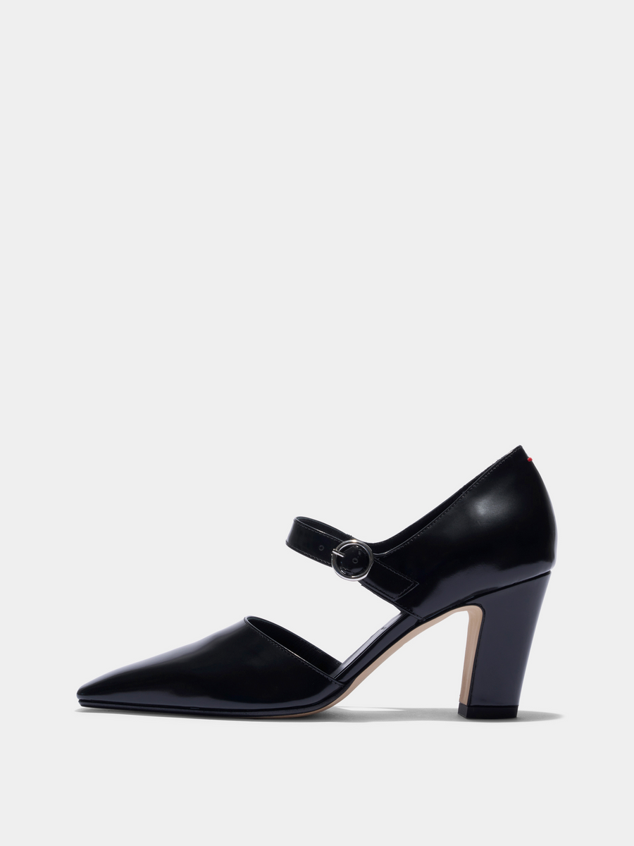 Aeyde | Isidora Mary-Jane Pumps Leather Pumps for Women | Black Polido | Square Toe | High Heel | Side View