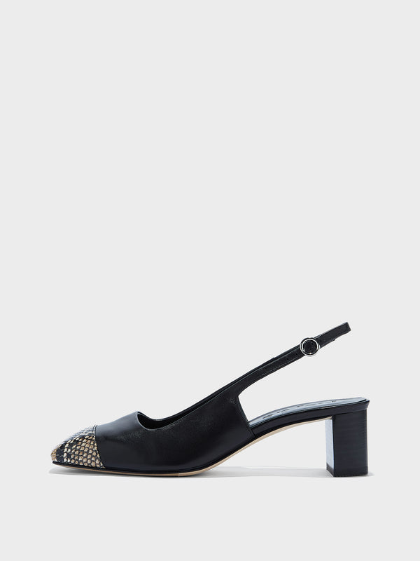Aeyde | Jacqui Leather Pumps for Women | Black/Hazelnut Nappa/Snake | Square Toe | Low Heel | Side View