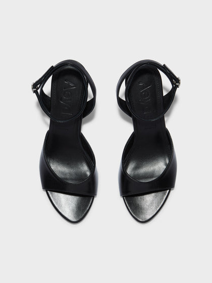 Aeyde | Jada Leather Heeled Sandals for Women | Black Nappa | Round Toe | High Heel | Front View