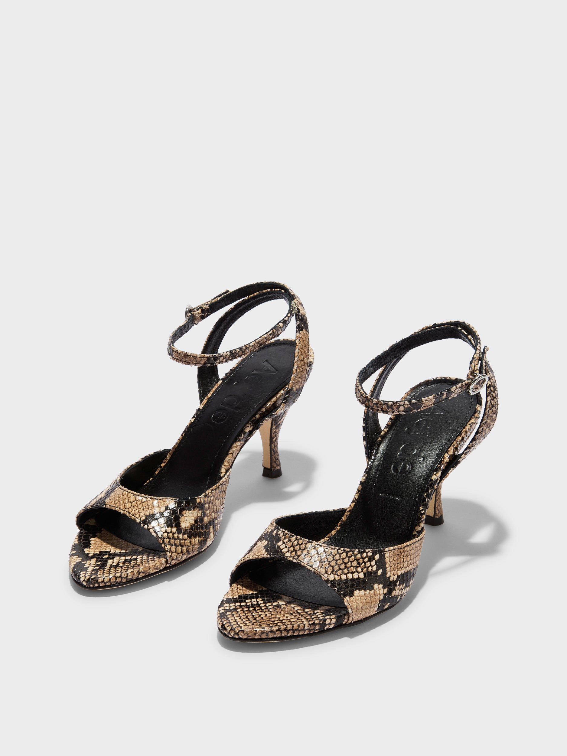 Aeyde | Jada Leather Heeled Sandals for Women | Hazelnut Snake | Round Toe | High Heel | Luxury Materials | Handmade in Italy